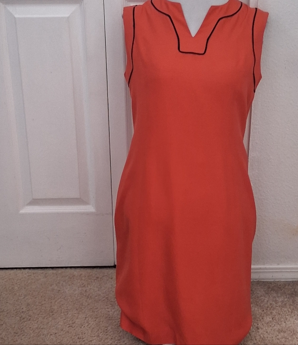 Vintage Doncaster Collection 100% Silk Coral  Sheath Dress With Brown Piping